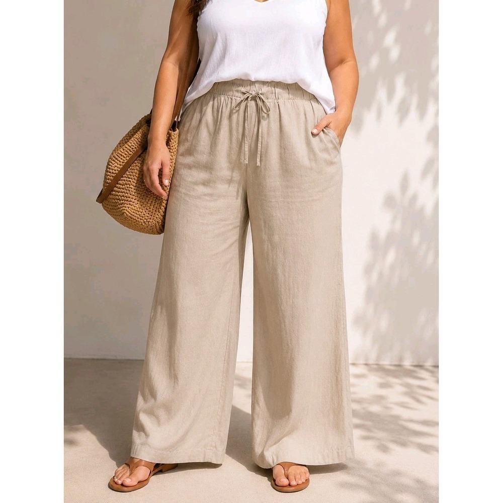 Esmara Linen Cotton Wide Leg Pants Plus Size 24 Beige Drawstring NWT Casual